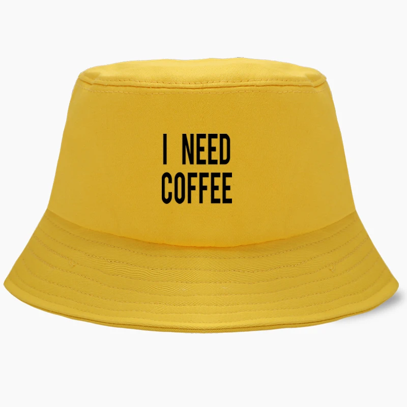 

I Need Coffee Fisherman Hat Fishing Cap Bucket Hats Panama Men Women Bob Cotton Outdoor Sunscreen Chapeau Sun Prevent Print Caps