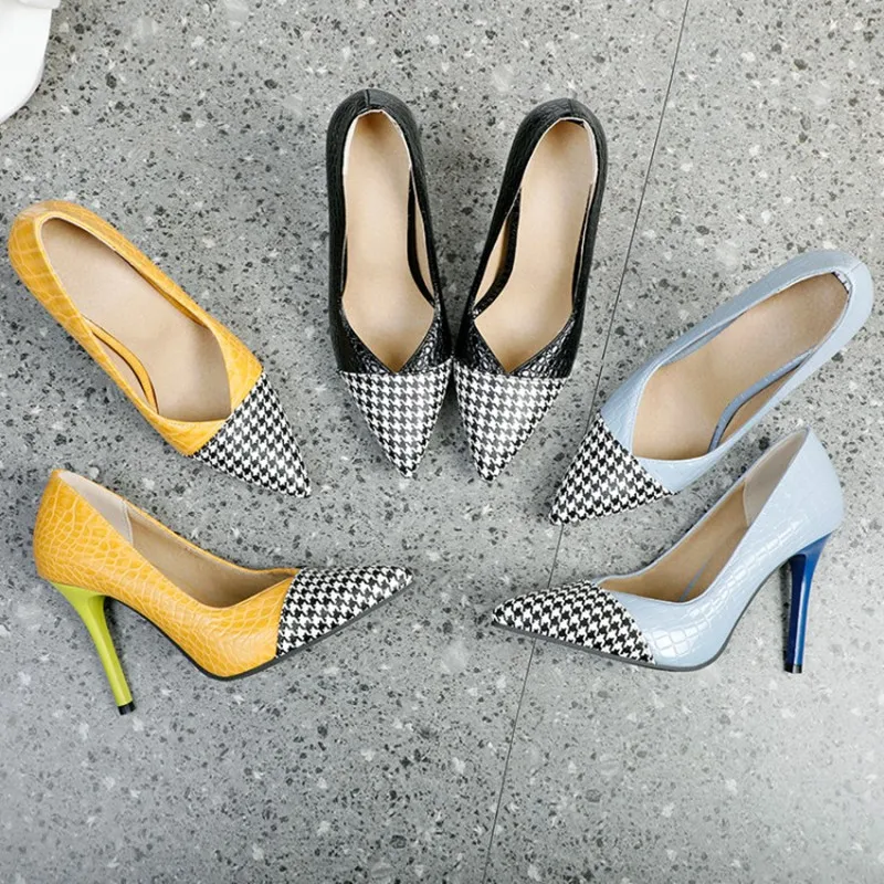 

LeShion Of Chanmeb Big Plus Size 47 48 Stiletto High Heels Shoes Women's Office Houndstooth Patent Leather Point Toe Pumps Party