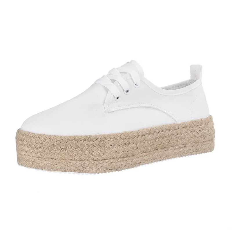 Puimentiua Fashion Women Ladies Espadrille Shoes Canvas Thick bottom Flats Shoes Girls Lace up Round Toe Casual Flats