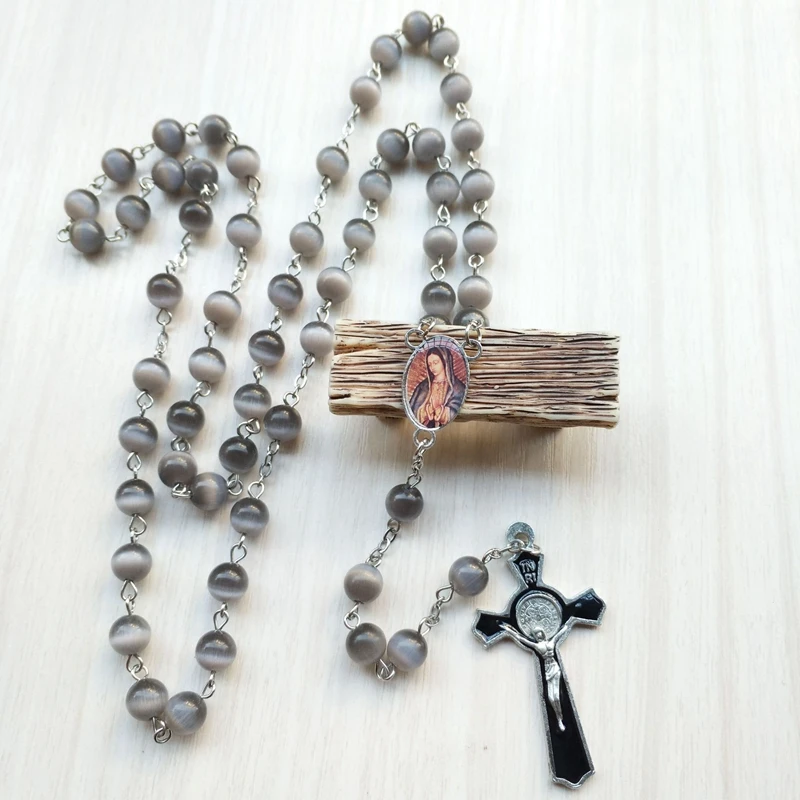 Винтажное эмалированное ожерелье QIGO с крестом католическое черными опалами