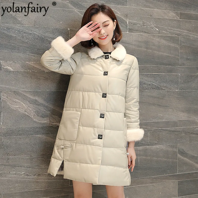 

Women's Down Jacket Winter Genuine Leather Jacket Women Sheepskin Coat Mink Fur Collar Long Korean Chaqueta Mujer F8251 KJ1522