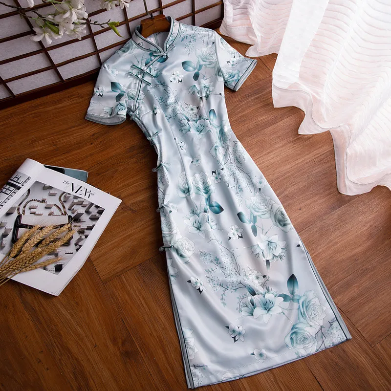 

Summer Vintage Flower Printed Satin Women Cheongsam Short Sleeve Oriental Traditional Lady Elegant Wedding Party Qipao Dress