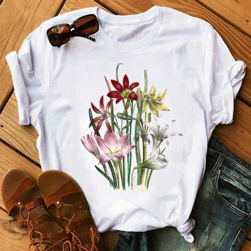 Women Flower Lady Fashion Short Sleeve Aesthetic Clothes Summer Graphic Female Ladies T-Shirt Girl 90s Harajuku Clthes Drop Ship | Женская