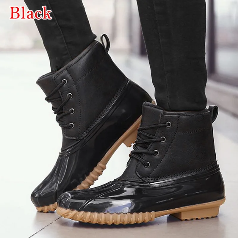 black Зимняя обувь женские резиновые сапоги до лодыжки со шнуровкой, утка сапоги с мехом, теплые водонепроницаемые зимние сапоги женские зимние короткие ботиночки, большой размер 43 - Цвет: black