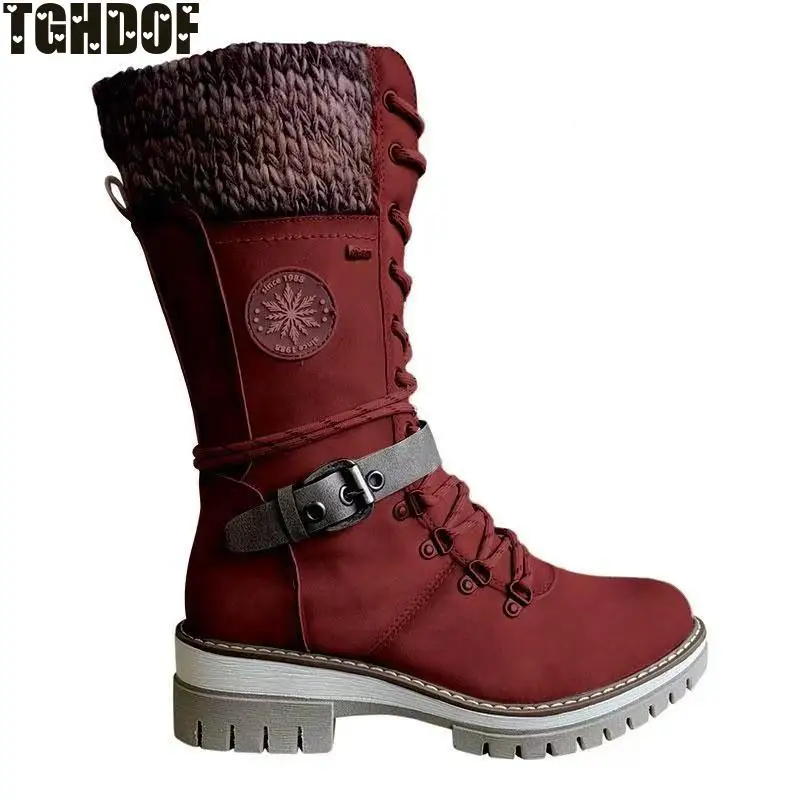 Women's Boots 2021 Winter New Fashion Woven Women's Boots In Tube Belt Buckle Decorative Side Zipper Rubber Sole Women's Shoes