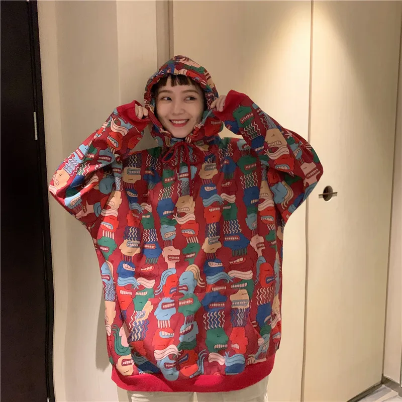 

Толстовки с капюшоном, толстовки 2019, Женский пуловер с рисунком головы портрета, толстый свободный Женский Повседневный студенческий спорт...