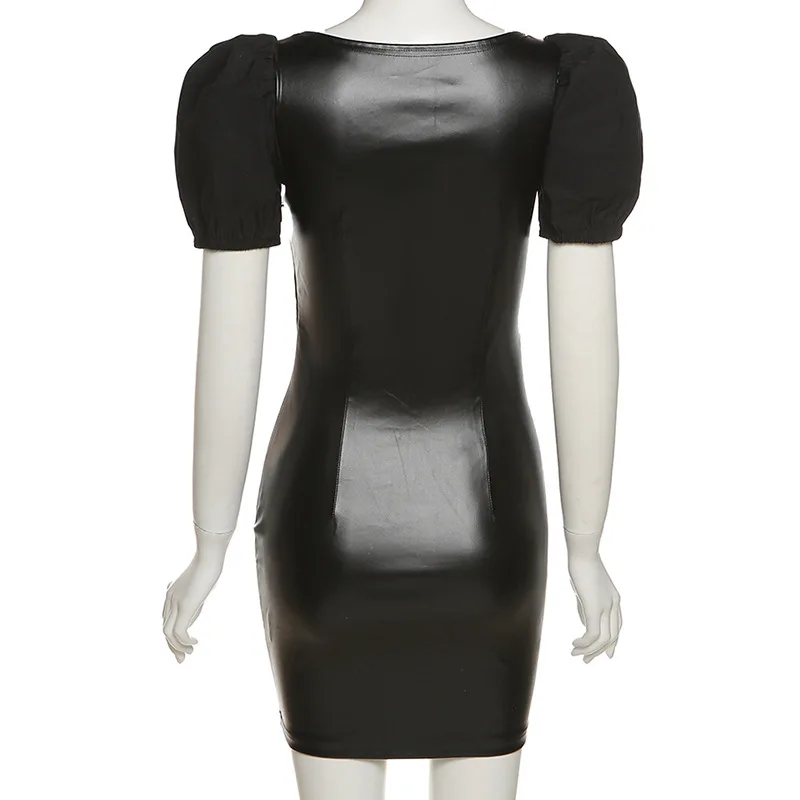 

PU Leather Patchwork Puff Sleeve Hollow Out Black Dress Slim Sexy Party Club Dresses Sqaure Neck Missnight