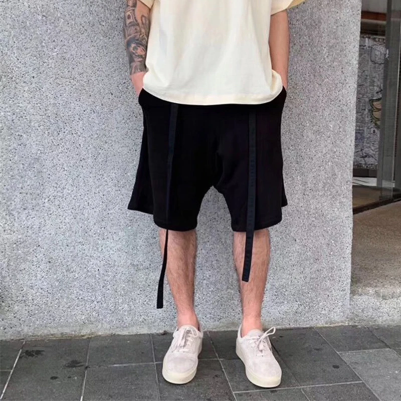 

High Street Ribbons Casual Summer Shorts Men Elastic Waist Solid Color Oversize Five Point Pants Hip Hop Loose Knee Length Pants
