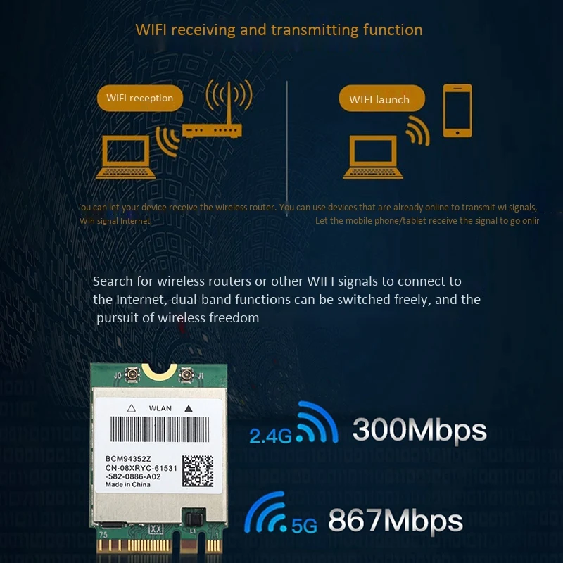 WiFi Card BCM94352Z 1200Mbps 5G/2.4G Dual Band Bluetooth 4.0 M.2 with Antenna Support Airdrop for Hackintosh MAC OS