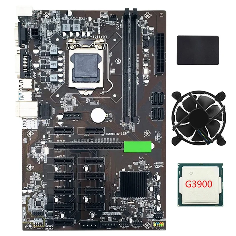 

B250 BTC Mining Motherboard USB3.0 SATA3.0 LGA1151 with SATA SSD 120G+G3900 CPU +Cooling Fan Support DDR4 VGA for Miner