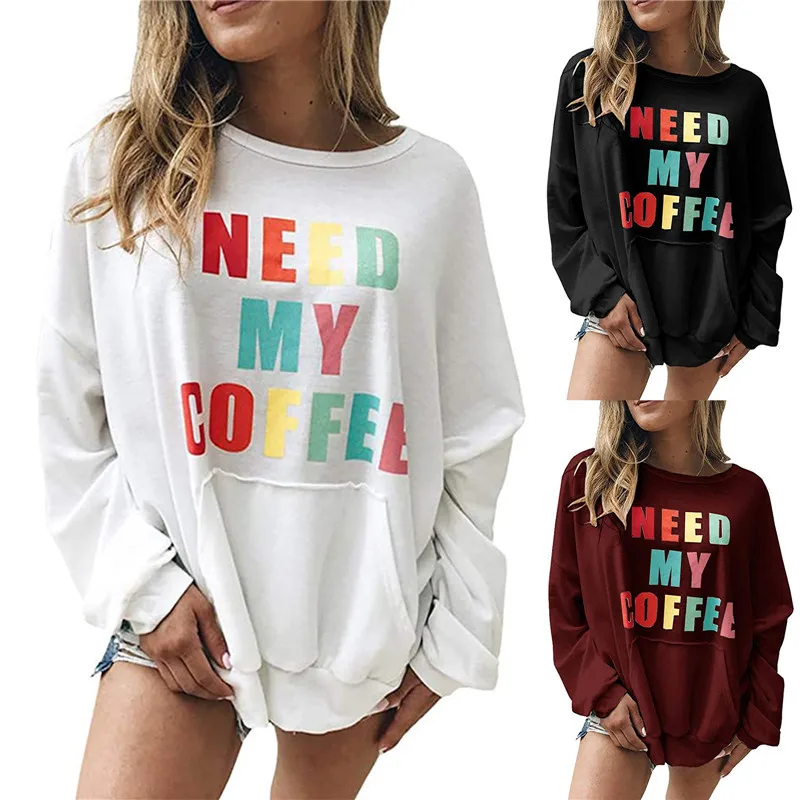 

Women Long Sleeve Letter Print Top Sweatshirt Fall Spring Tops Fashion Long Sleeve Round Neck Pocket Street Top for Women Ladies