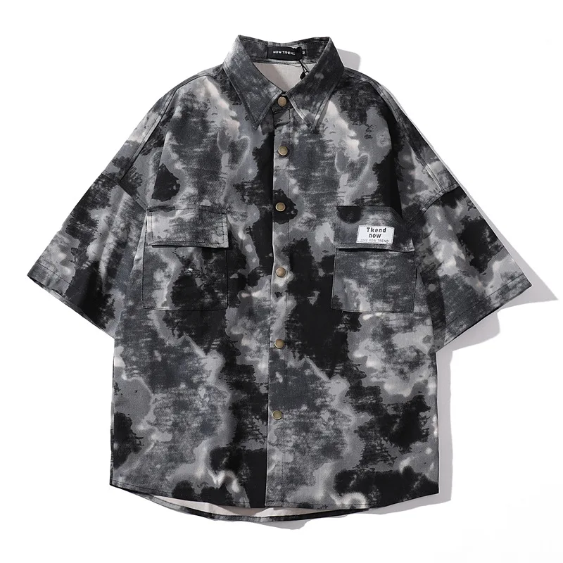 

2021 Summer Japanese Retro Street Fashion Brand Tie-dye Short-sleeved Shirt Male Loose Hip-hop Harajuku Student Shirt