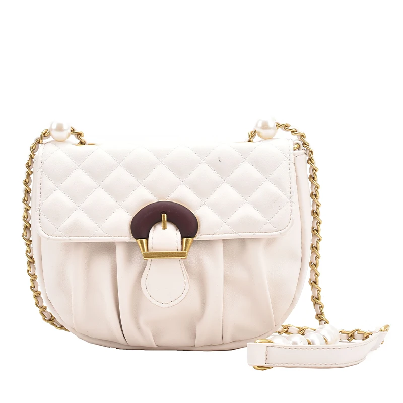 

Pleated Luxury Brand Saddle bag 2021 New High-quality PU Leather Women's Designer Handbag Pearl Chain Shoulder Messenger Bag
