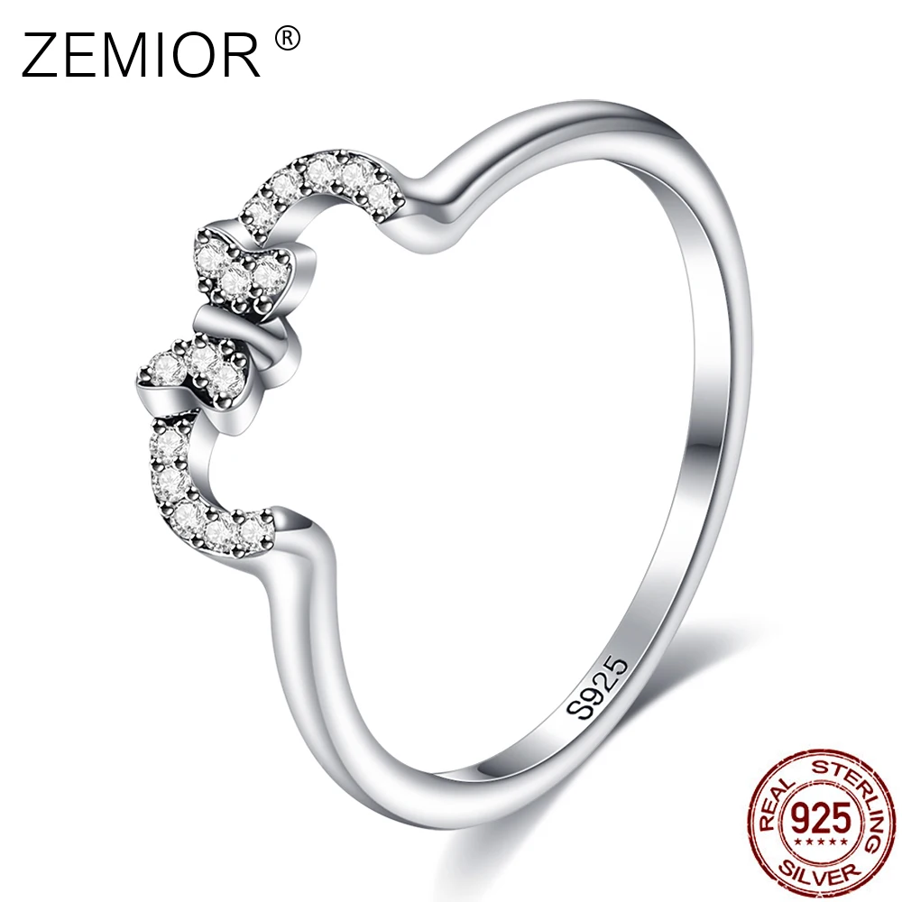 

ZEMIOR Elegant Ring For Women S925 Sterling Silver Cubic Zirconia Setting Bowknot Warp Rings Forever Seal Real Love Fine Jewelry