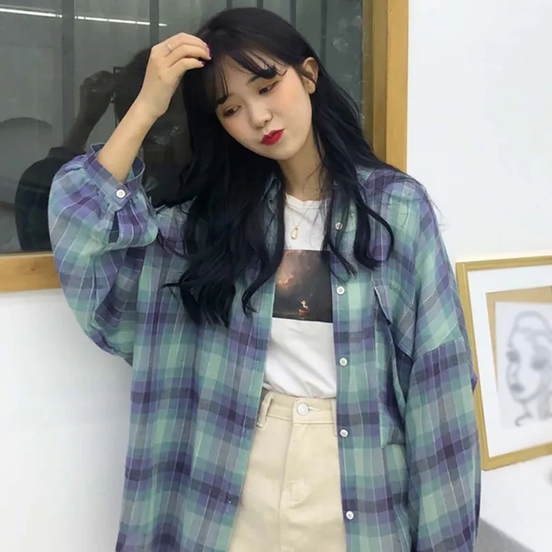 Женская рубашка в клетку с отложным воротником и длинным рукавом | одежда