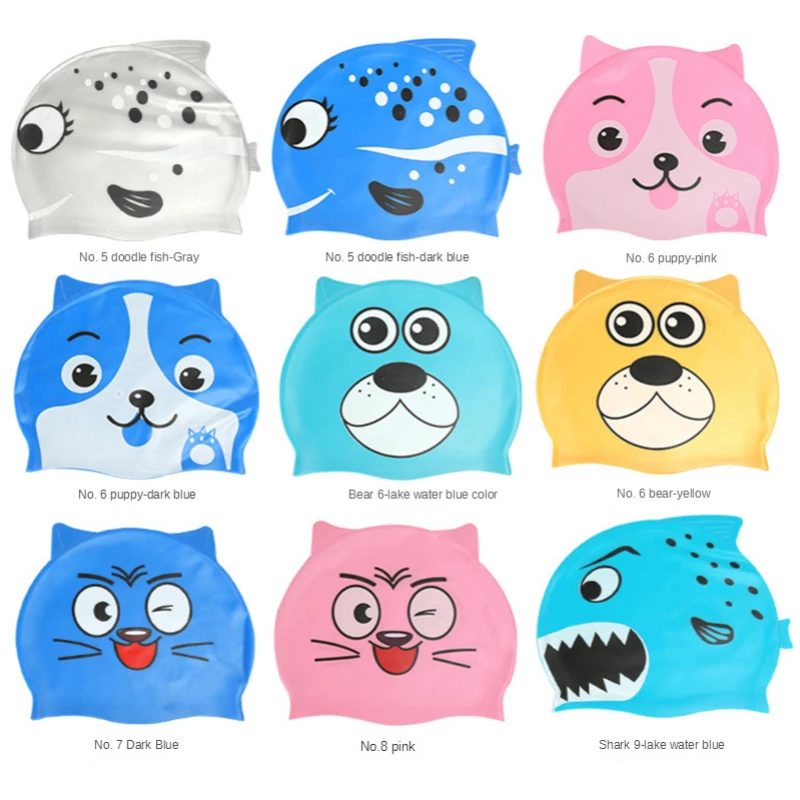 

2021 Cartoon Animal Children Silicone Swimming Cap Girls Boys Waterproof Swimming hat Elastic kids pool Ear Protection Swim Cap