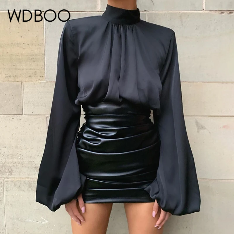 

WDBOO Elegant Shrug Shoulder Lantern Long Sleeve Black Blouse Shirt Women Spring High Neck Ruched Short Tops Casual Blusas Mujer