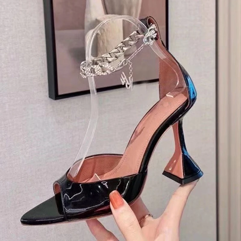 

2021 Summer Peep toe cup high heel sandals women one metal chain decor pumps Rhinestone sexy party sandal stilettos sandalias