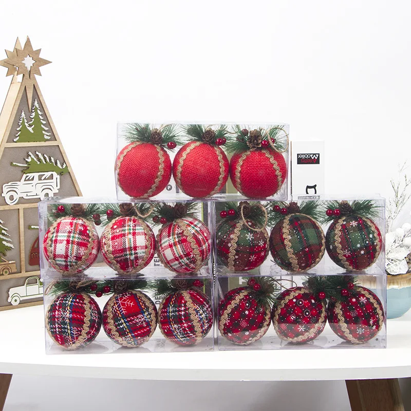 

Christmas Tree Ornaments Imitation Pine Fabric Red Checked Foam Christmas Ball Decoration Festival Pendant Beautiful Generous
