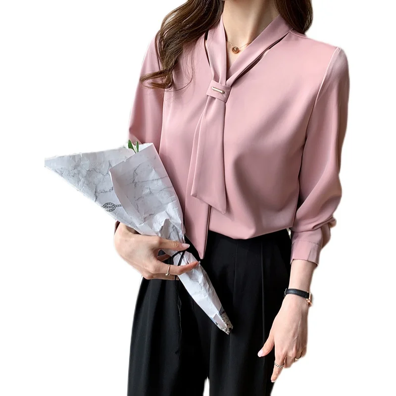 

White Women's Shirt Top 2021 New Spring and Summer All-Match V-neck Bow Design Sense Niche Chic Clothing
