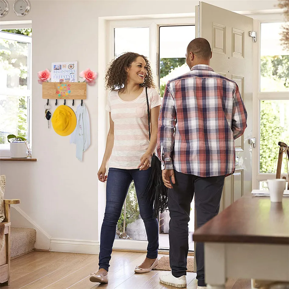 

Welcome Home Printed Bamboo Wooden Wall Hooks Key Holder Storage Rack Kitchen Bathroom Organizer Keychain Holder Decor Racks