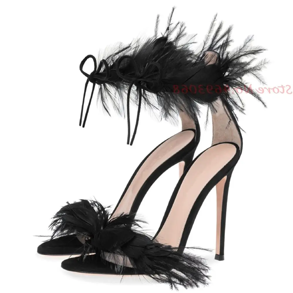 

Black White Feathers Ankle Strap Sandals Vacation Female Lace Shoes Super High Heel Open Toe Stiletto Heels Sexy Banquet Casual