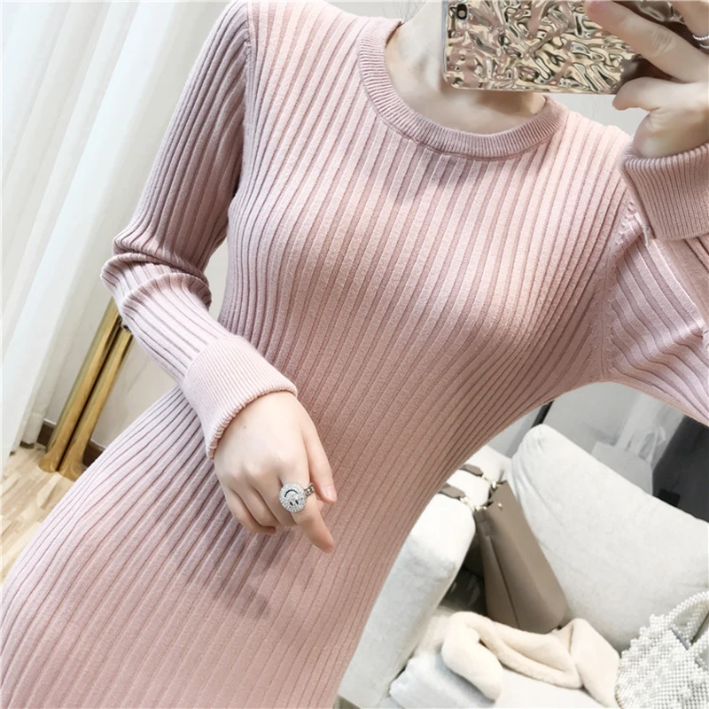 

Seoulish Autumn Winter Warm Knitted Women's Mermaid Dresses 2021 New Pink High Waist Long Sleeve O-Neck Sweater Dress Female