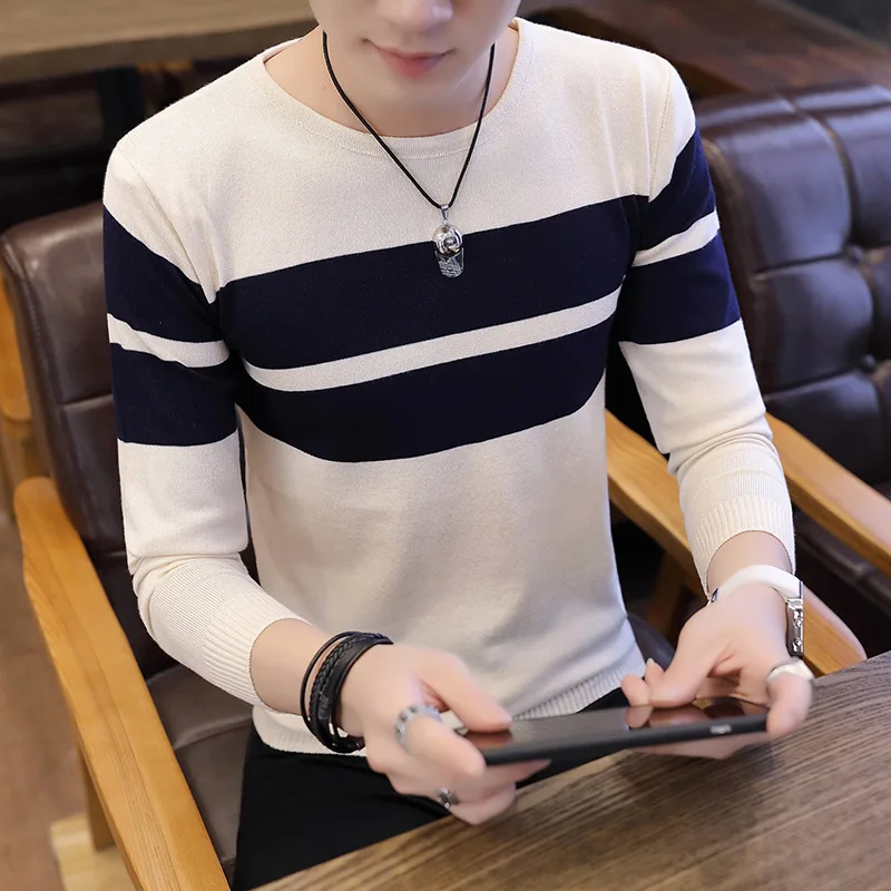 

Sweater Men Leisure Color Spring and Autumn Thin Long-sleeved Sleeve Round Collar Trimming Black Wine Red Blue Warm Sweater