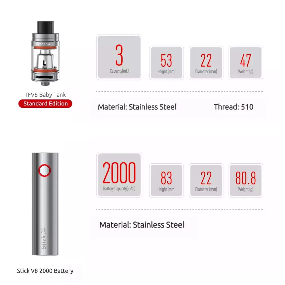 Оригинальный SMOK Stick V8 Детский комплект 3 мл TFV8 детский атомайзер 2000 мА · ч