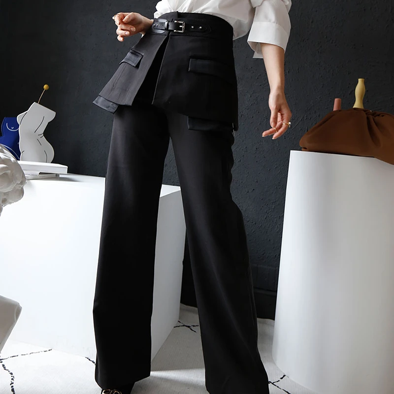 Black TWOTWINSTYLE женские брюки из искусственной кожи с широкими штанинами, с высокой талией и ремнями, осенние брюки для женщин, модная одежда, новинка - Цвет: Black