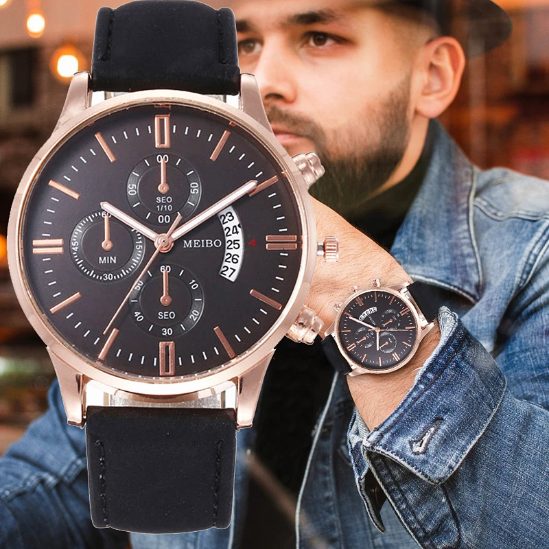 Повседневные мужские деловые часы с кожаным кварцем роскошные календарем и