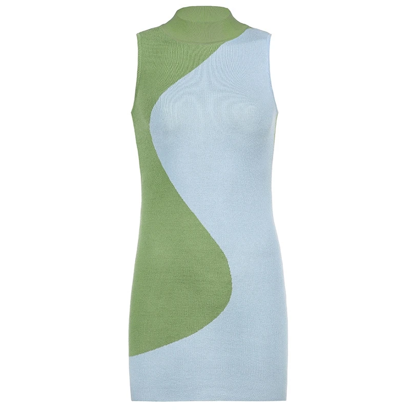 

Sexy color contrast 2021 summer fashion women's new round neck sleeveless off shoulder slim bag buttock gathered dress