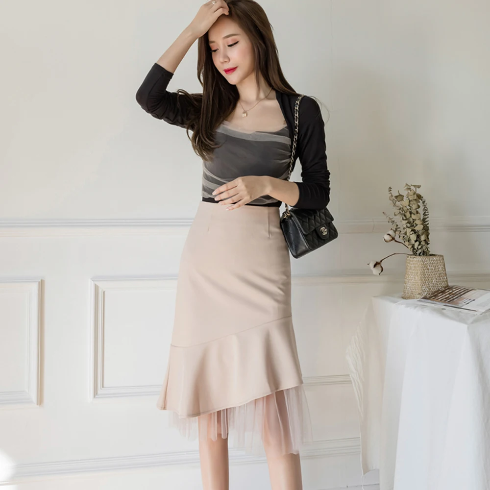 

New Elegant Women Skirts Fashion Casual A-line Mermaid Skirts Lady High Waist Package Midi Skirts With Tulle Sexy Jupe Femme