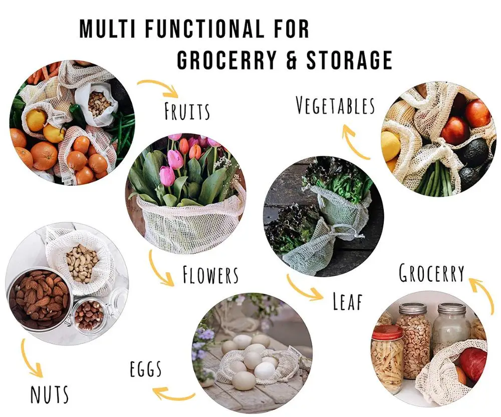 100% хлопок Экологичная многоразовая продуктовая сумка защитные сумки для фруктов