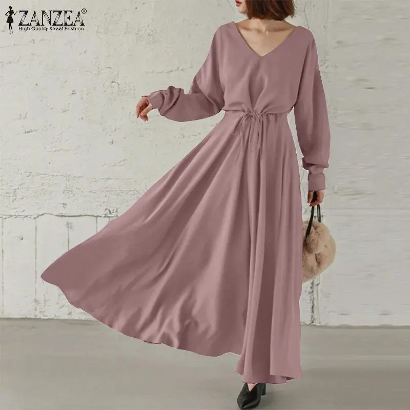 

ZANZEA Women Casual Long Puff Sleeve V Neck Dress Vintage Autumn Drawstring Sundress Plain ALine Kaftan Vestido Party Loose Robe