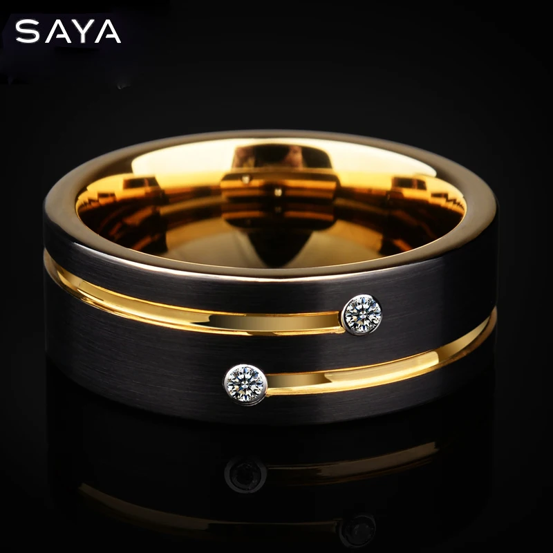 Кольцо для мужчин кольца из вольфрама черного цвета свадьбы с золотым цирконом