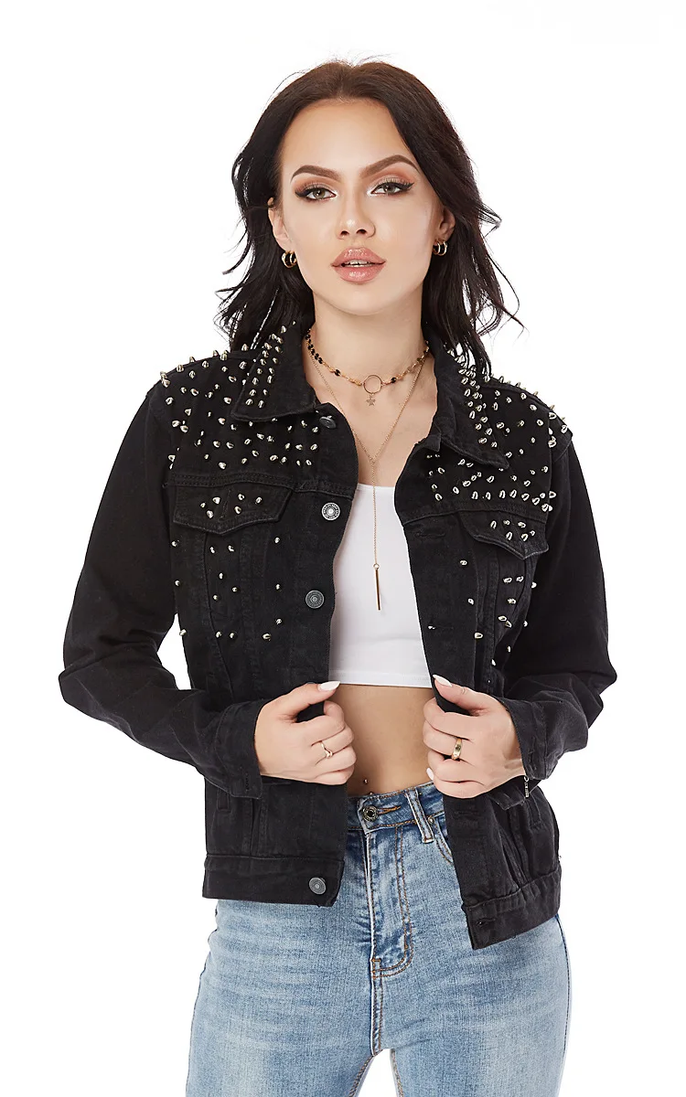

Women Jean Coat Spring Autumn Black Jacket Short Rivet Jeans Jacket Ladies Slim Top Outer Wear