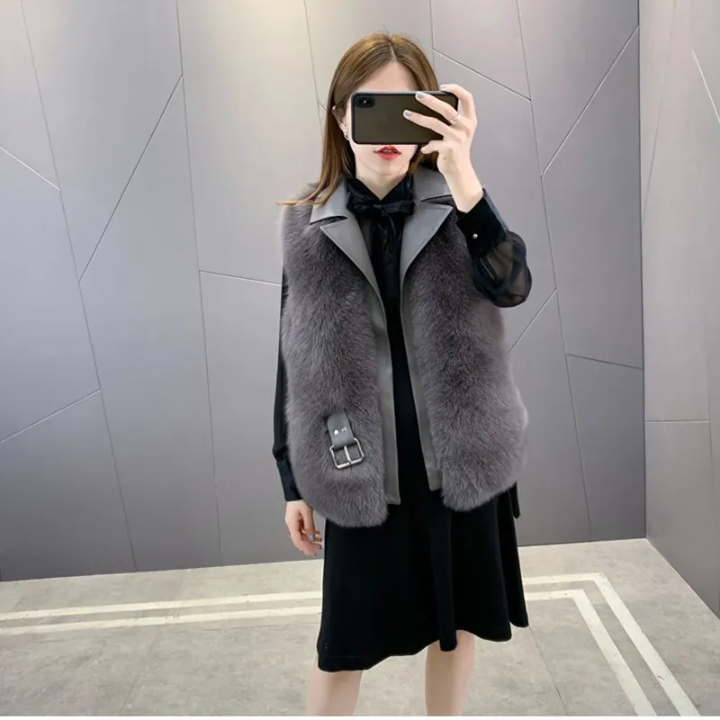 FURSARCAR Genuine Motorcycle Leather Fur Vest Real Natrual Fox Fur Women Winter Waistcoat Sheep Skin Whole Skin Fox Fur Gilet