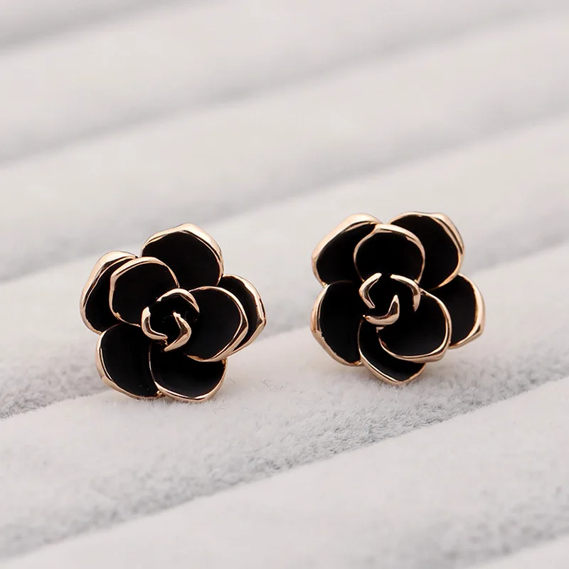 18K позолоченные серьги гвоздики с черной розой для женщин|Ювелирные наборы| |