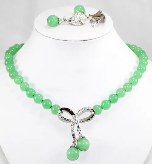 

noblest 10mm 17 inch light green Jade beads necklace and light green earrings sets