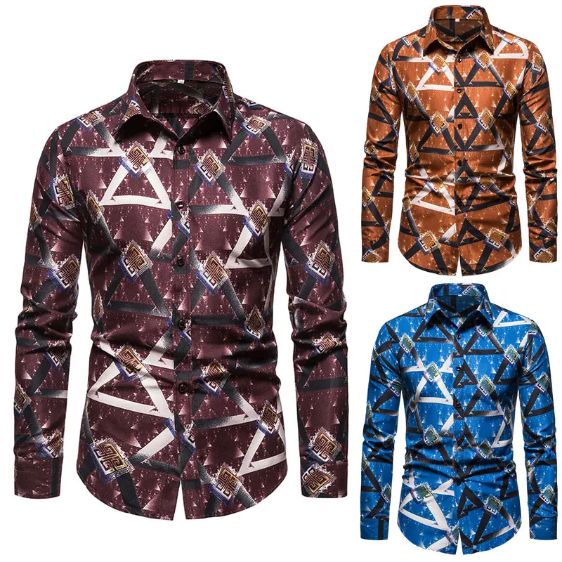 

2021 Spring and Autumn Triangle Print Large Size Long Sleeve Shirt Men's Long Sleeve Shirt