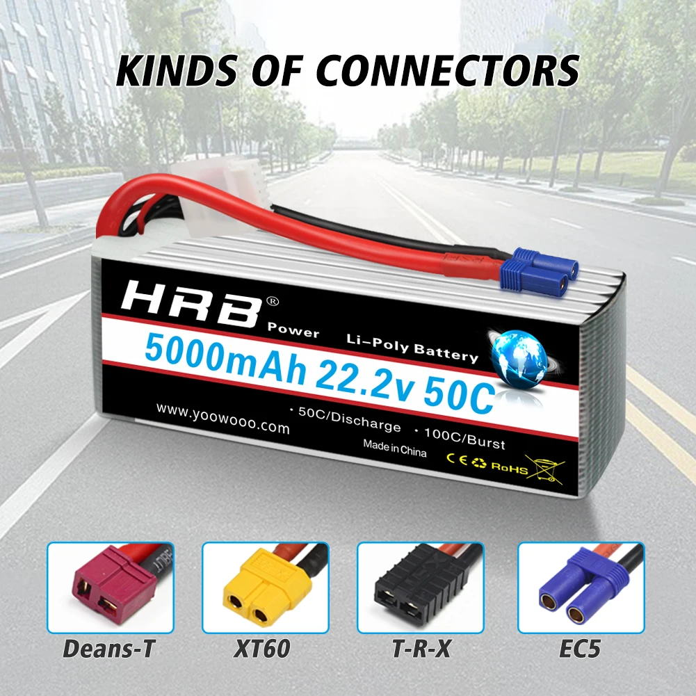 HRB-bater&iacute;a Lipo 6S de 22,2 V, 5000mAh, 50C con conector EC5 XT90 para Lab 700 800, Quadcopter, helic&oacute;ptero, Drone, Align 7,2 Yak 54, 2 uds.-5