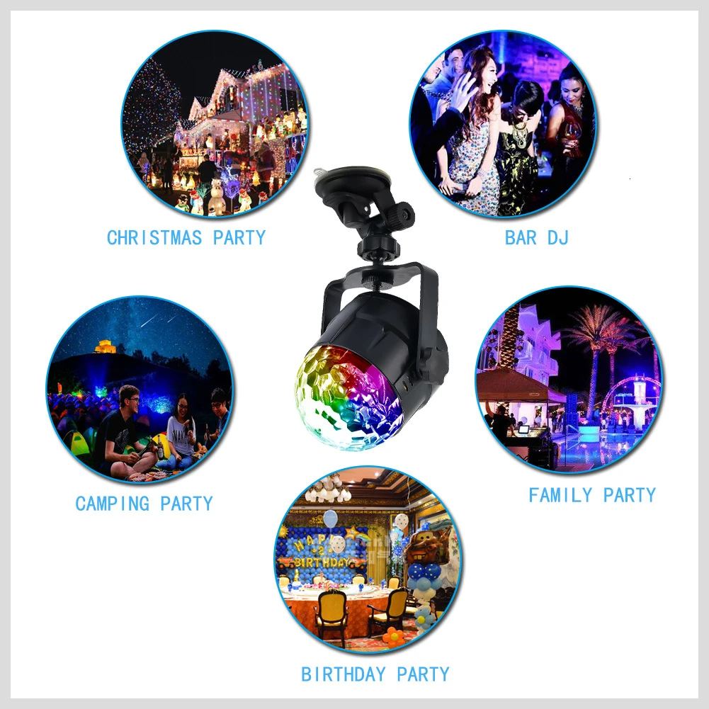 Звуковая активация Вращающийся Диско DJ шар партии стробоскоп света RGB LED