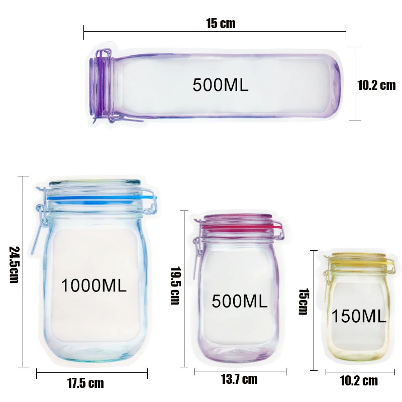 

10/12pcs Reusable Mason Jar Bags Food Nuts Candy Cookies Ziplock Bags PE Waterproof Seal Kitchen Fresh Storage Organizer Bag
