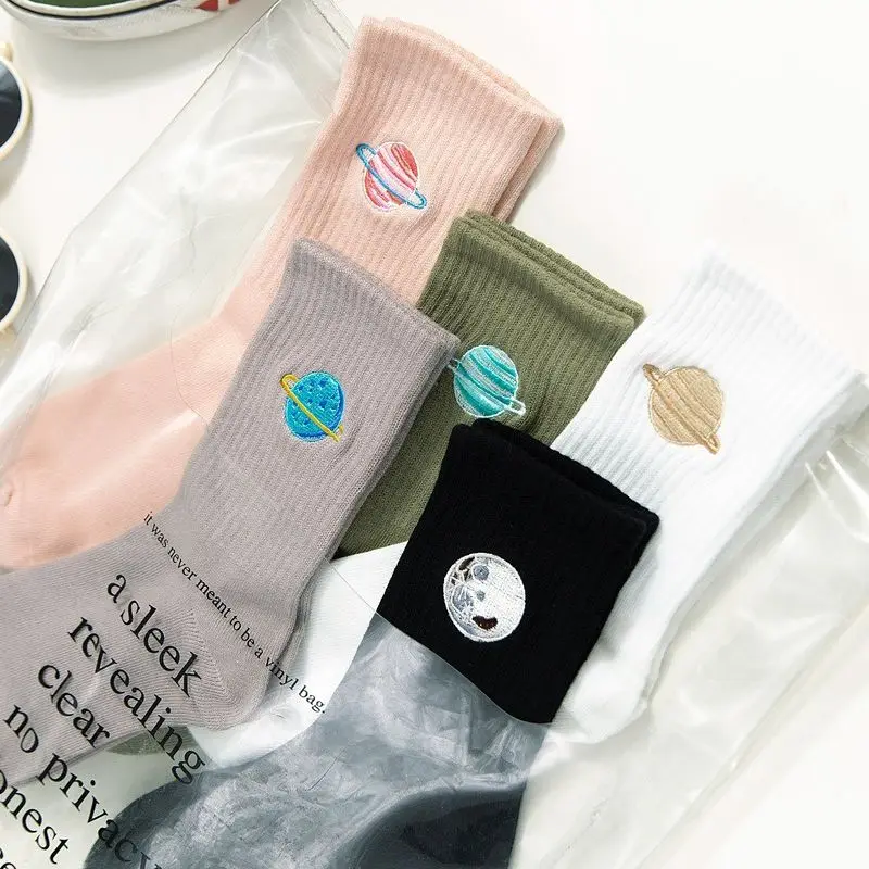 

Anewmorn Cotton Solid Women’s Socks Autumn Winter Embroidery Cute Cartoon Planet Ladies Sock Japanese Style Casual Sokken