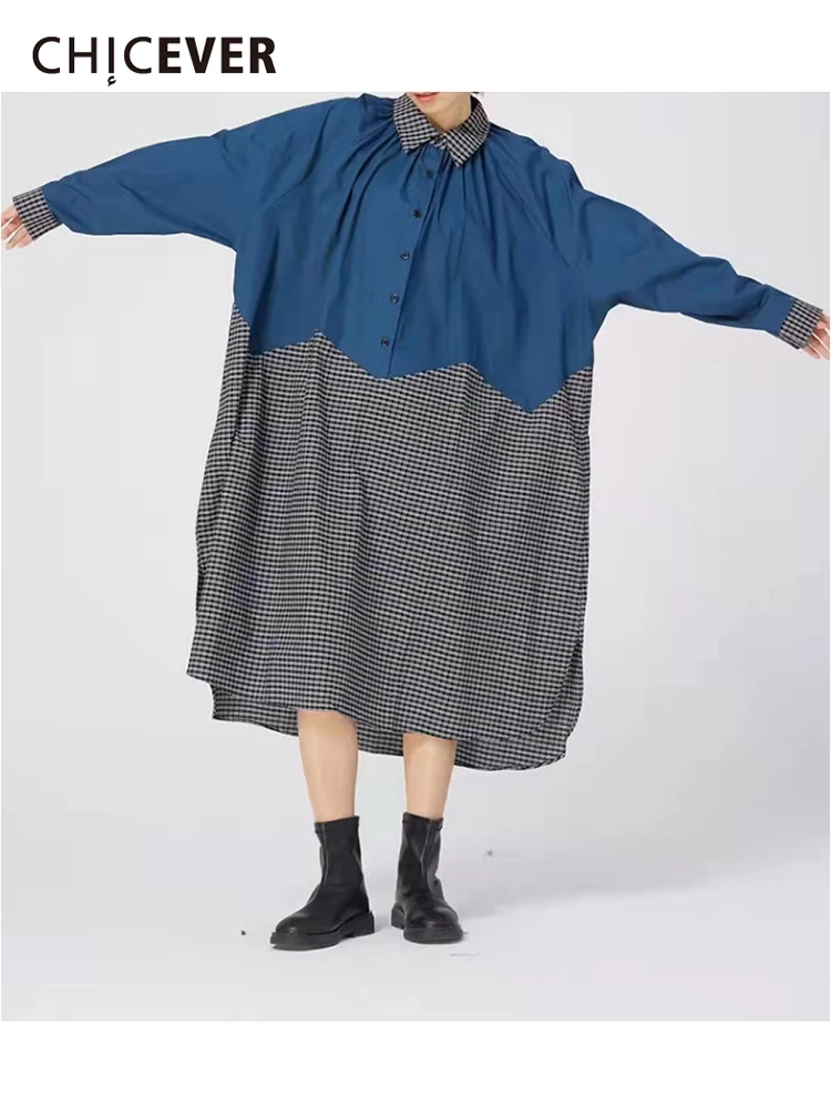 

CHICEVER лоскутное платье в мелкую клетку с цветными блоками для женщин, с воротником с лацканами, с длинным рукавом, свободные миди платья, женс...