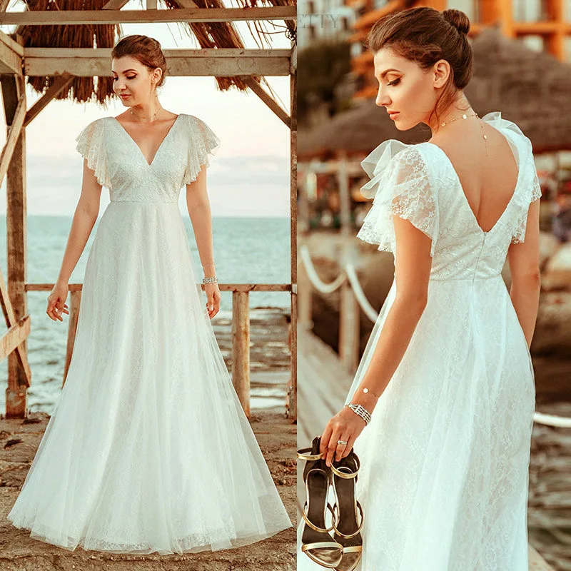 

A Line Lace Short Sleeves Bridal Gown 2021 Plus Size Outdoor Beach Ranch Barn Wedding Bridesmaid Dress V Neck Free Shipping