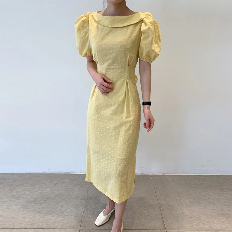 

Korejpaa Women Dress 2021Summer Korea Chic Elegant Solid Color Lapel Crushed Floral Embossed Pleats High Waist Side Fork Dresses