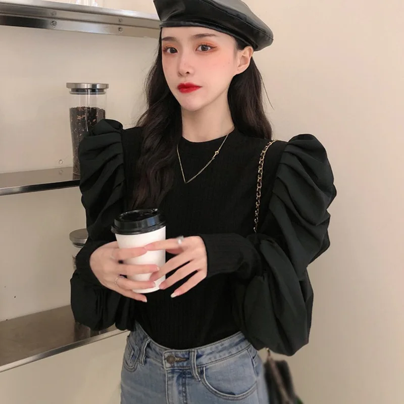 

New Autumn And Winter Bubble Lantern Sleeves Closed Threaded Long-sleeved Stitching Shirt Sweater