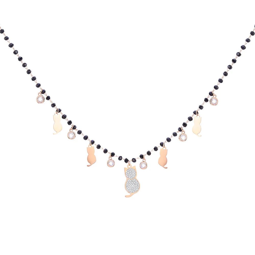 

New Stainless Steel Cats Clear Round Crystal Pendant Necklace For Women Black Beads Choker Necklace 2021 Fashion bijoux femme